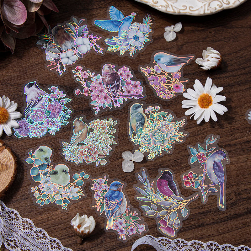 BIRDS AND FLOWERS Laser Shining PET stickers 20 PCS
