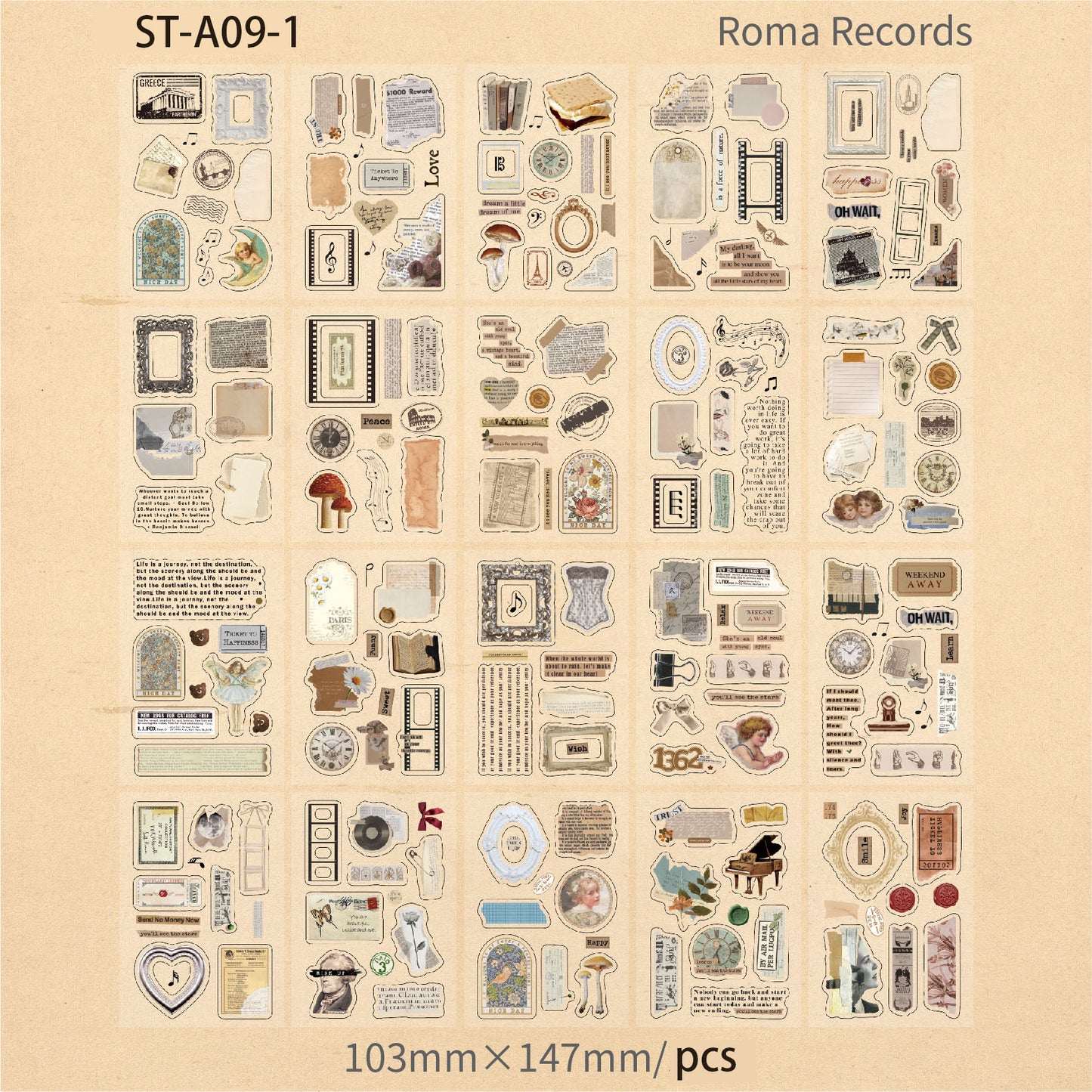 Vintage / Moon / Garden /Rome PET stickers 20 PCS