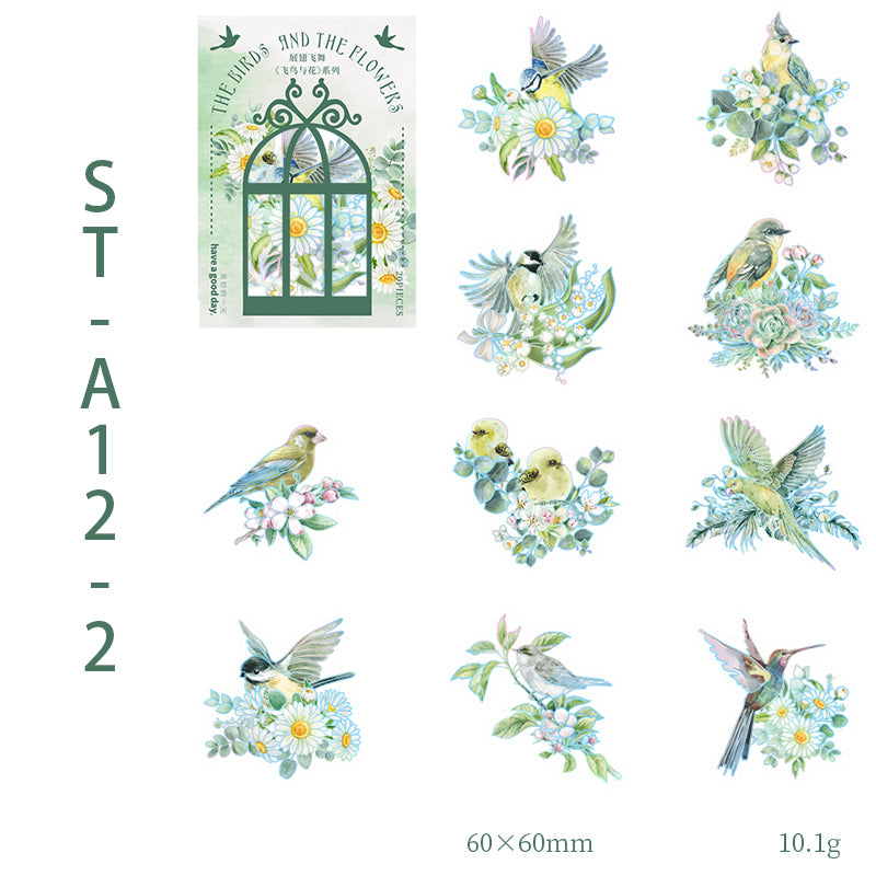 BIRDS AND FLOWERS Laser Shining PET stickers 20 PCS