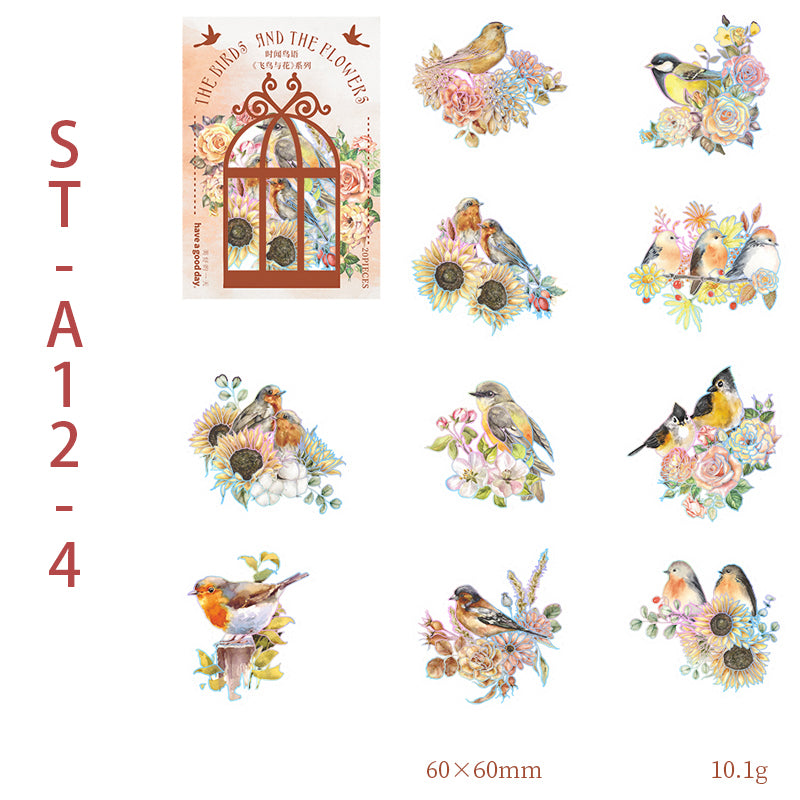 BIRDS AND FLOWERS Laser Shining PET stickers 20 PCS