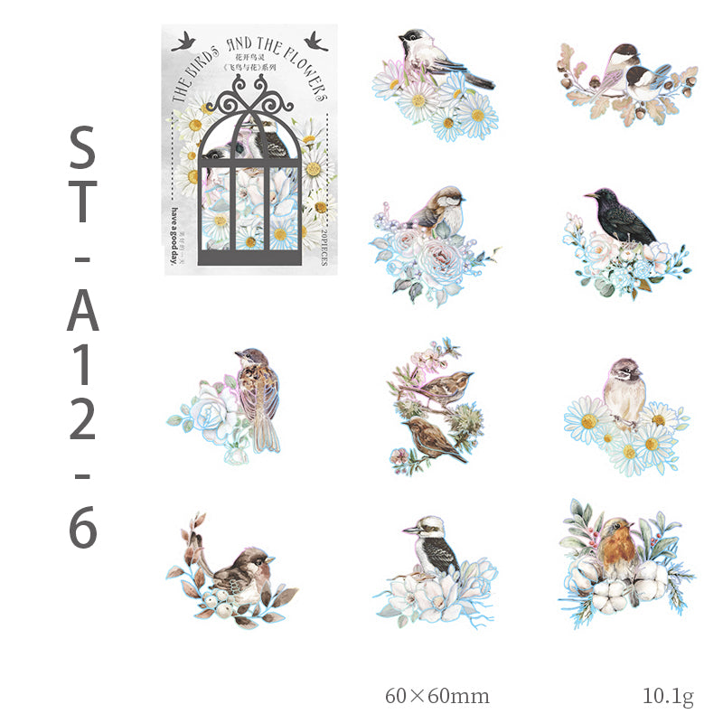 BIRDS AND FLOWERS Laser Shining PET stickers 20 PCS
